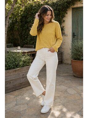 360Sweater Mustard Yellow Lightweight Knit Linen Long Sleeve Sweater Designer S
